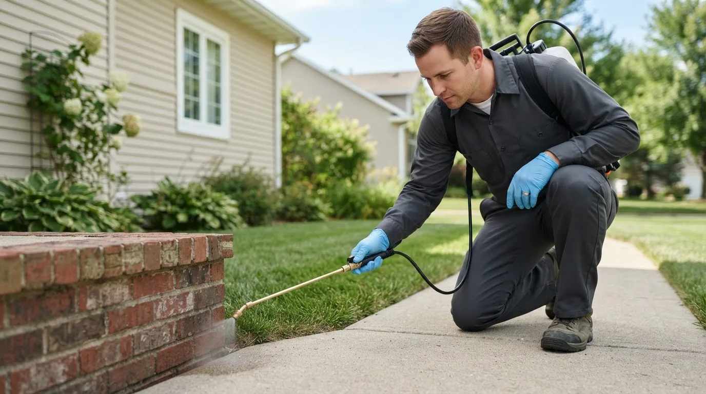 Pest control technician treating a home near Inola, OK